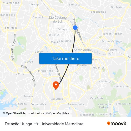 Estação Utinga to Universidade Metodista map