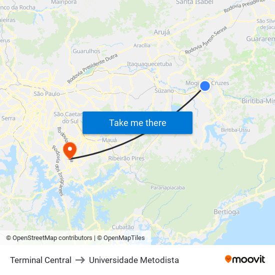 Terminal Central to Universidade Metodista map