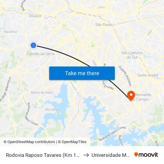 Rodovia Raposo Tavares (Km 19/São Paulo) to Universidade Metodista map