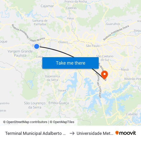 Terminal Municipal Adalberto Montanher to Universidade Metodista map