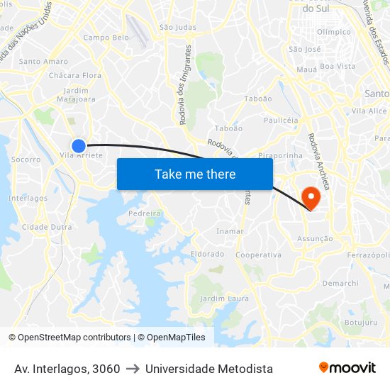 Av. Interlagos, 3060 to Universidade Metodista map