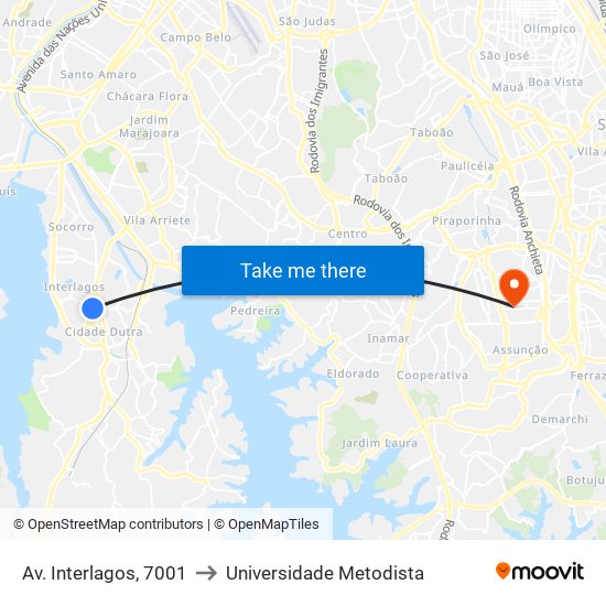 Av. Interlagos, 7001 to Universidade Metodista map