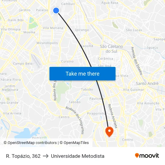 R. Topázio, 362 to Universidade Metodista map