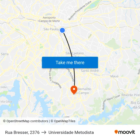 Rua Bresser, 2376 to Universidade Metodista map