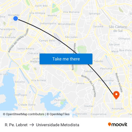 R. Pe. Lebret to Universidade Metodista map