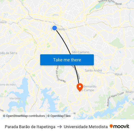 Parada Barão de Itapetinga to Universidade Metodista map