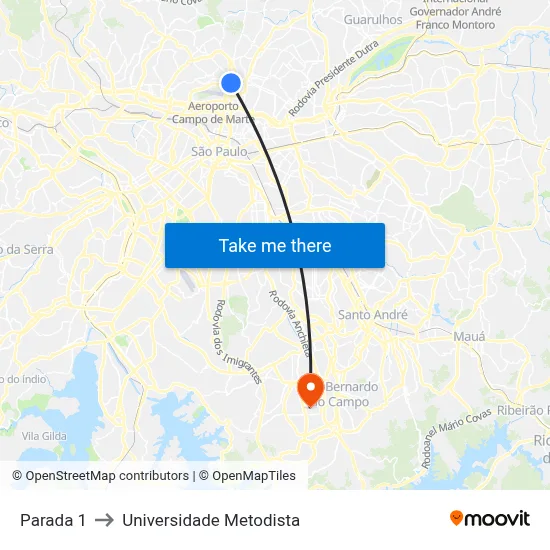 Parada 1 to Universidade Metodista map