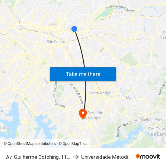 Av. Guilherme Cotching, 1139 to Universidade Metodista map