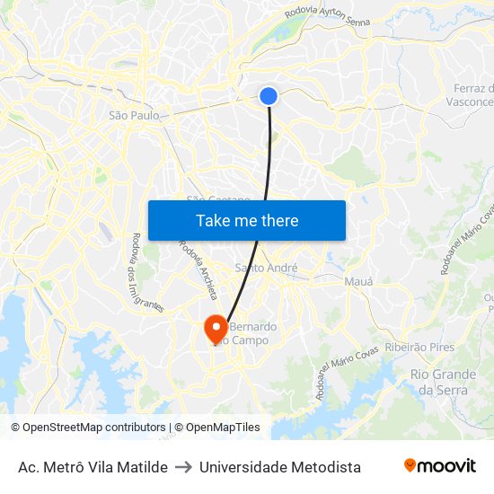 Ac. Metrô Vila Matilde to Universidade Metodista map