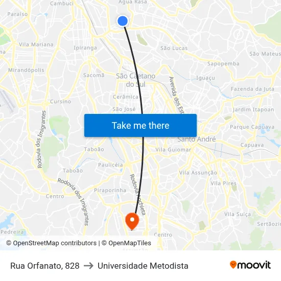 Rua Orfanato, 828 to Universidade Metodista map