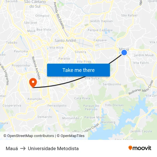 Mauá to Universidade Metodista map