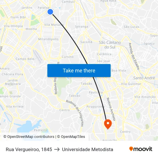 Rua Vergueiroo, 1845 to Universidade Metodista map