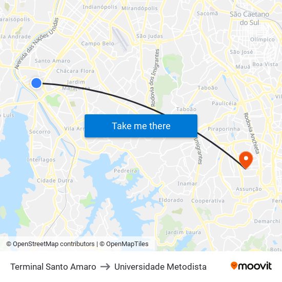 Terminal Santo Amaro to Universidade Metodista map