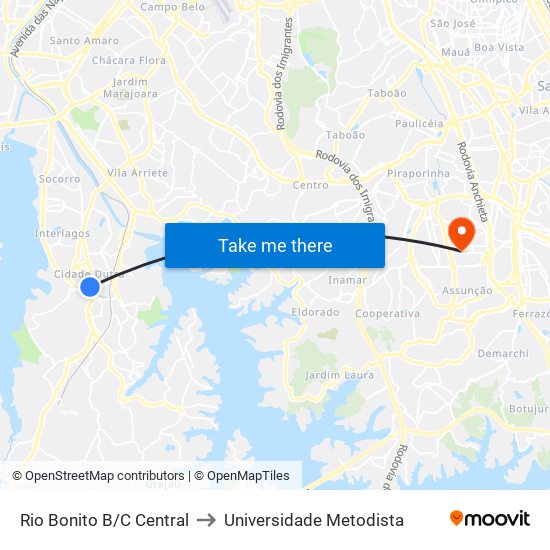 Rio Bonito B/C Central to Universidade Metodista map