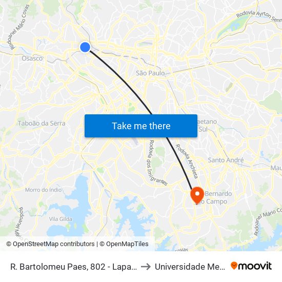 R. Bartolomeu Paes, 802 - Lapa, São Paulo to Universidade Metodista map