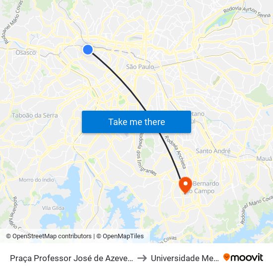 Praça Professor José de Azevedo Antunes to Universidade Metodista map