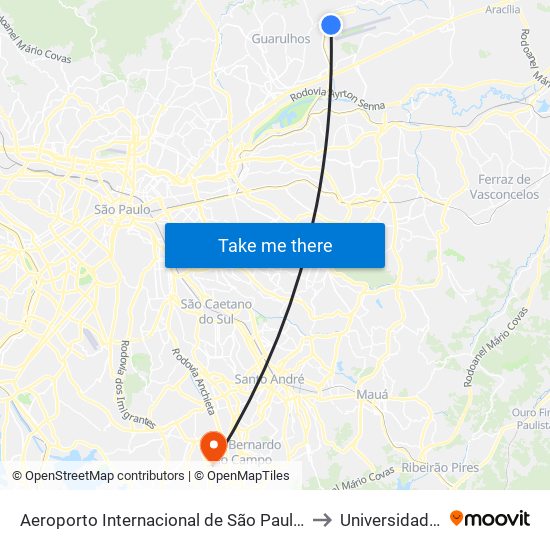 Aeroporto Internacional de São Paulo (Terminal de Passageiros 1) to Universidade Metodista map
