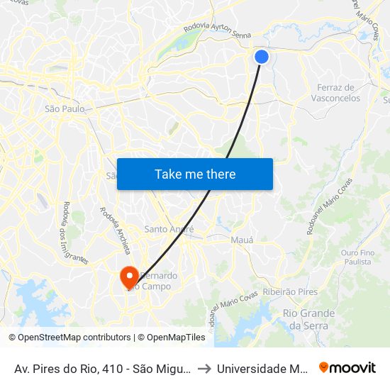 Av. Pires do Rio, 410 - São Miguel, São Paulo to Universidade Metodista map