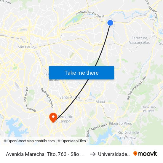 Avenida Marechal Tito, 763 - São Miguel Paulista, São Paulo to Universidade Metodista map