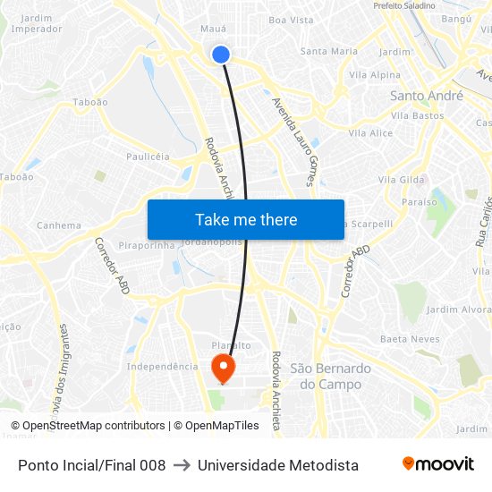 Ponto Incial/Final 008 to Universidade Metodista map