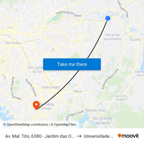 Av. Mal. Tito, 6380 - Jardim das Oliveiras, São Paulo to Universidade Metodista map