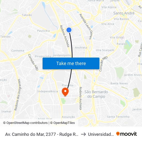 Av. Caminho do Mar, 2377 - Rudge Ramos, São Bernardo do Campo to Universidade Metodista map