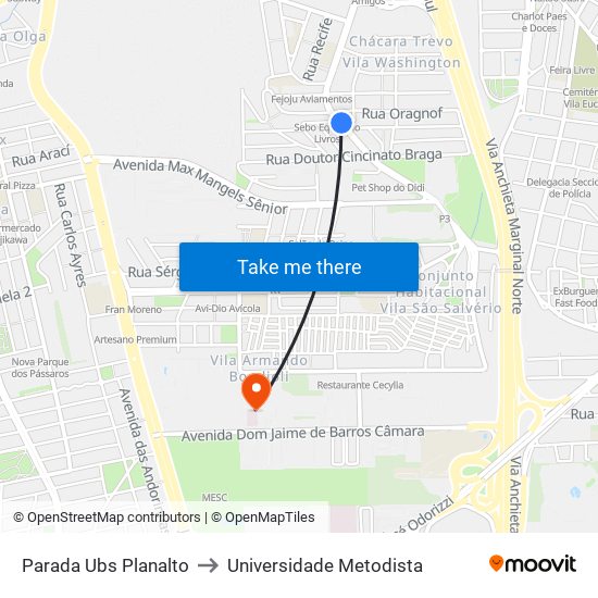 Parada Ubs Planalto to Universidade Metodista map