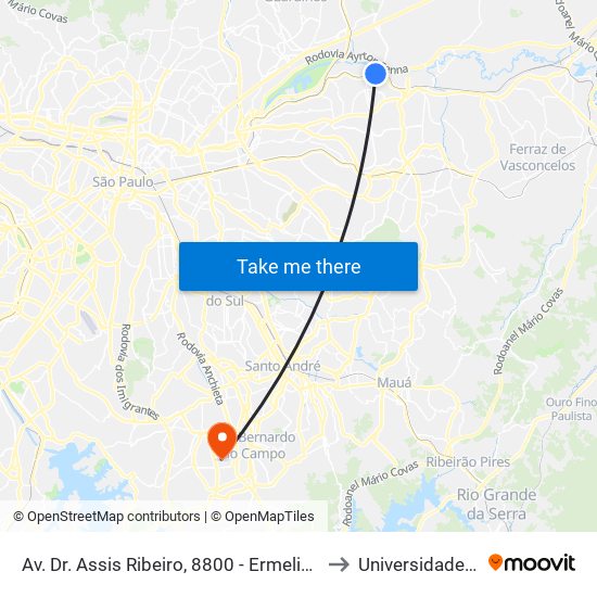 Av. Dr. Assis Ribeiro, 8800 - Ermelino Matarazzo, São Paulo to Universidade Metodista map