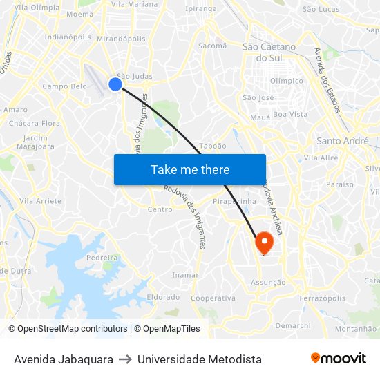 Avenida Jabaquara to Universidade Metodista map