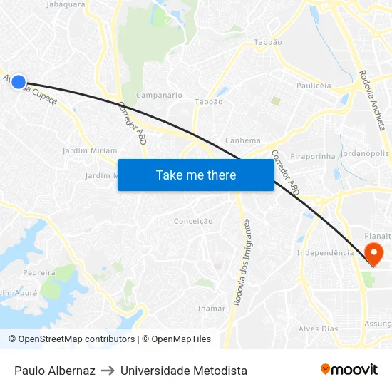 Paulo Albernaz to Universidade Metodista map