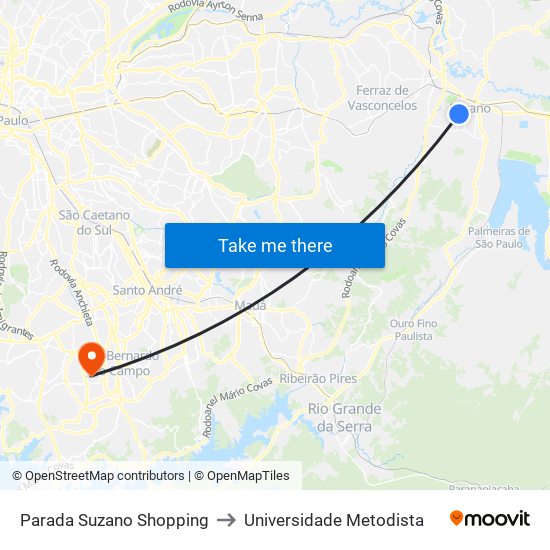 Parada Suzano Shopping to Universidade Metodista map