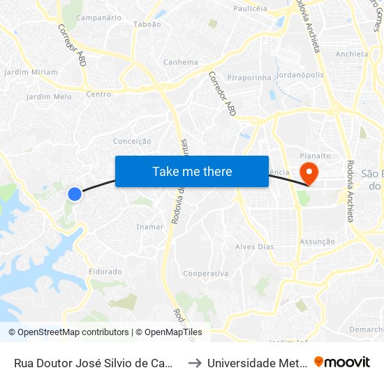 Rua Doutor José Silvio de Camargo 539 to Universidade Metodista map