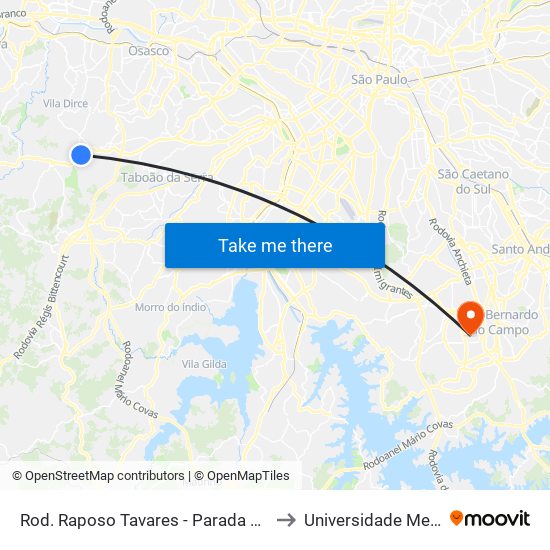 Rod. Raposo Tavares - Parada Granja Viana to Universidade Metodista map