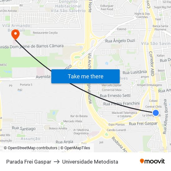 Parada Frei Gaspar to Universidade Metodista map