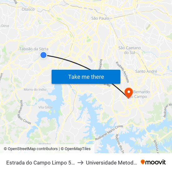 Estrada do Campo Limpo 5554 to Universidade Metodista map