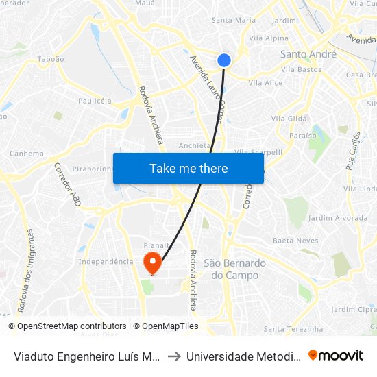 Viaduto Engenheiro Luís Meira to Universidade Metodista map