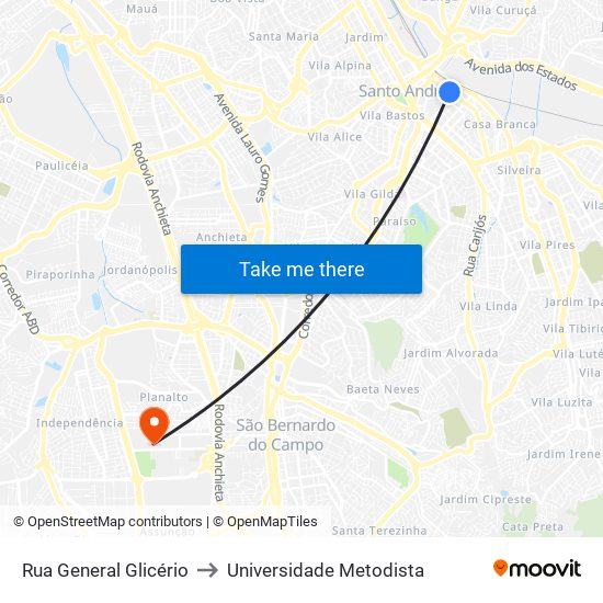 Rua General Glicério to Universidade Metodista map