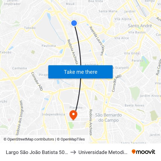 Largo São João Batista 5010 to Universidade Metodista map