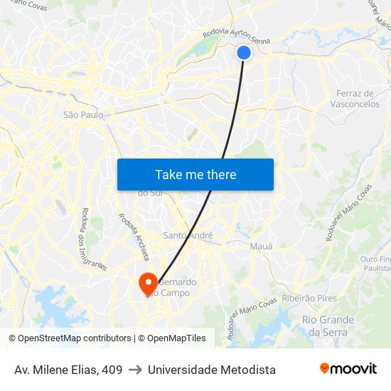 Av. Milene Elias, 409 to Universidade Metodista map