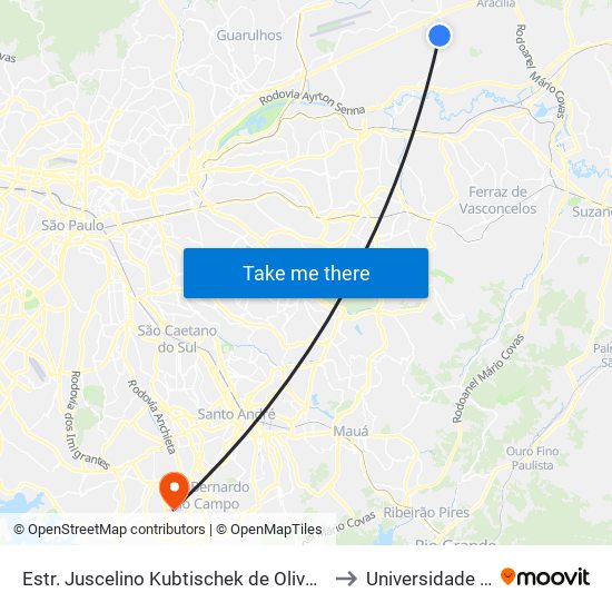 Estr. Juscelino Kubtischek de Oliveira - Terminal Pimentas to Universidade Metodista map