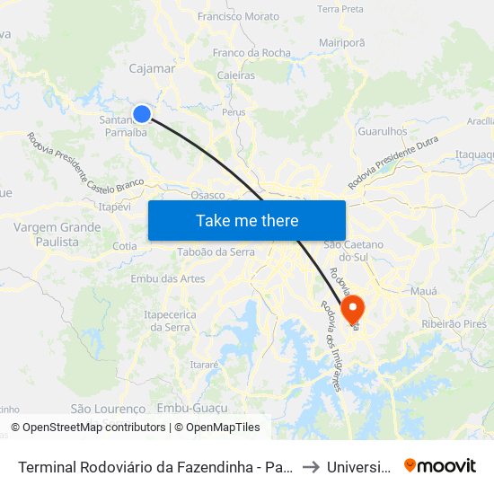 Terminal Rodoviário da Fazendinha - Parque dos Eucaliptos (Fazendinha), Santana de Parnaíba to Universidade Metodista map