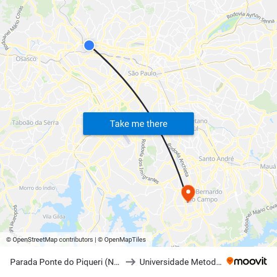 Parada Ponte do Piqueri (Norte) to Universidade Metodista map