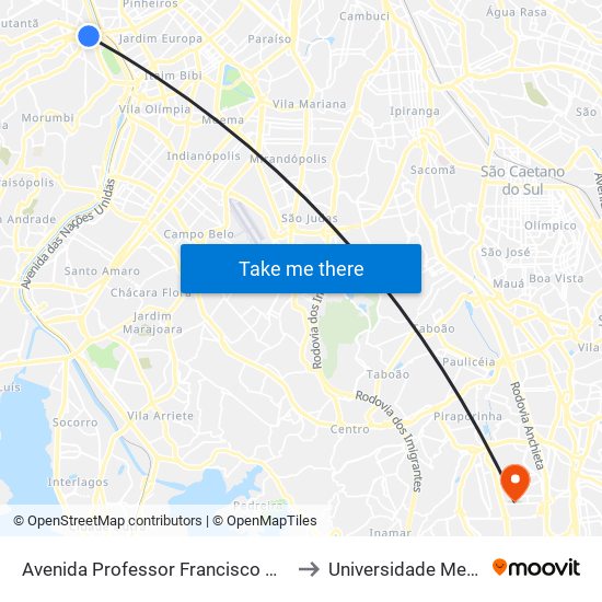 Avenida Professor Francisco Morato C/B to Universidade Metodista map