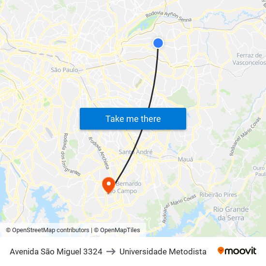 Avenida São Miguel 3324 to Universidade Metodista map