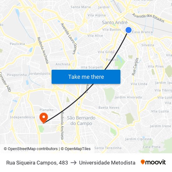 Rua Siqueira Campos, 483 to Universidade Metodista map