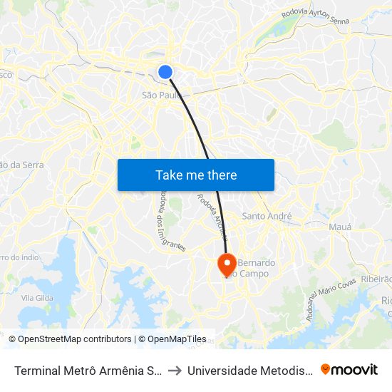 Terminal Metrô Armênia Sul to Universidade Metodista map