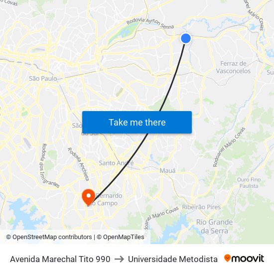 Avenida Marechal Tito 990 to Universidade Metodista map