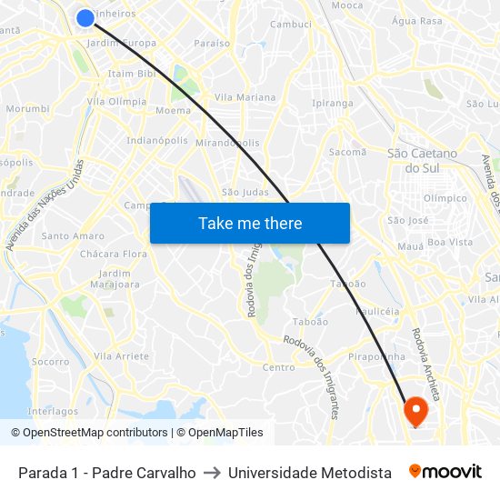 Parada 1 - Padre Carvalho to Universidade Metodista map