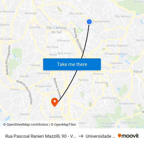 Rua Pascoal Ranieri Mazzilli, 90 - Vila Mendes, São Paulo to Universidade Metodista map