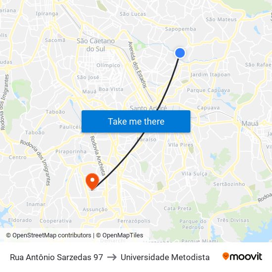 Rua Antônio Sarzedas 97 to Universidade Metodista map